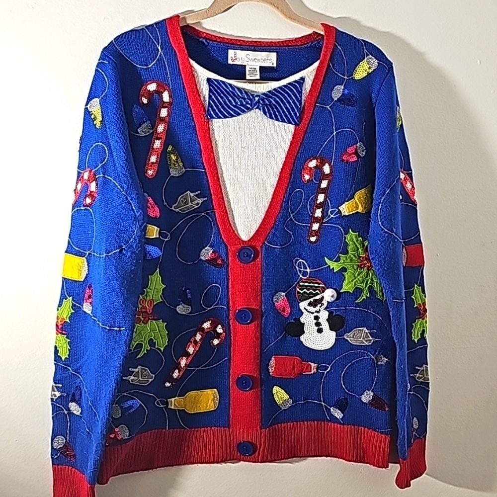 JOLLY,Christmas sweater.  Mens‎ medium. Bow tie. Snowman and more.